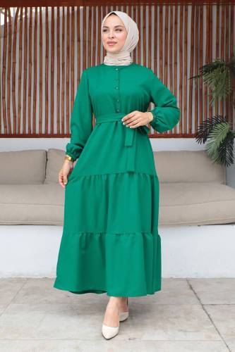 Yarım Düğmeli Eteği Volanlı Kuşaklı Elbise TSD240254 Zümrüt Yeşili 