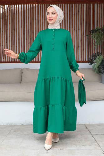 Yarım Düğmeli Eteği Volanlı Kuşaklı Elbise TSD240254 Zümrüt Yeşili - 3