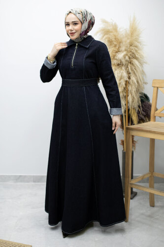 Yarım Fermuarlı Kuşaklı Kot Elbise TSD260172 Koyu Mavi - 1