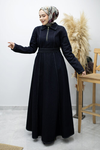 Yarım Fermuarlı Kuşaklı Kot Elbise TSD260172 Koyu Mavi - 3