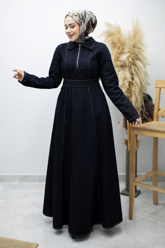 Yarım Fermuarlı Kuşaklı Kot Elbise TSD260172 Koyu Mavi - 3