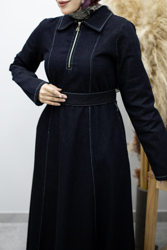 Yarım Fermuarlı Kuşaklı Kot Elbise TSD260172 Koyu Mavi - 4