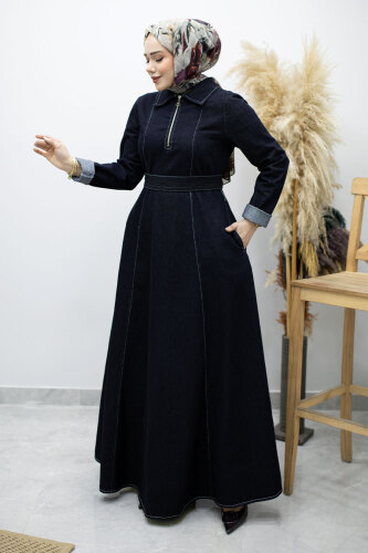 Yarım Fermuarlı Kuşaklı Kot Elbise TSD260172 Koyu Mavi - 5