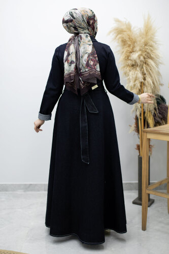 Yarım Fermuarlı Kuşaklı Kot Elbise TSD260172 Koyu Mavi - 6