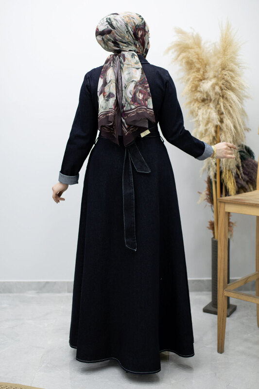 Yarım Fermuarlı Kuşaklı Kot Elbise TSD260172 Koyu Mavi - 6