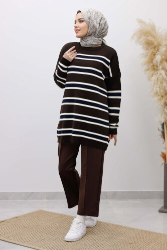 Yatay Çizgi Detaylı Triko Tunik TSD260108 Acı Kahve - Tesettür Dünyası