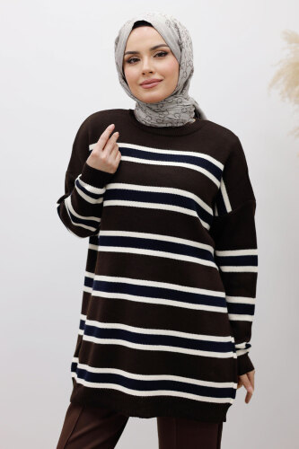 Yatay Çizgi Detaylı Triko Tunik TSD260108 Acı Kahve - Tesettür Dünyası (1)