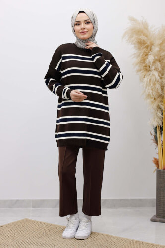 Yatay Çizgi Detaylı Triko Tunik TSD260108 Acı Kahve - 3