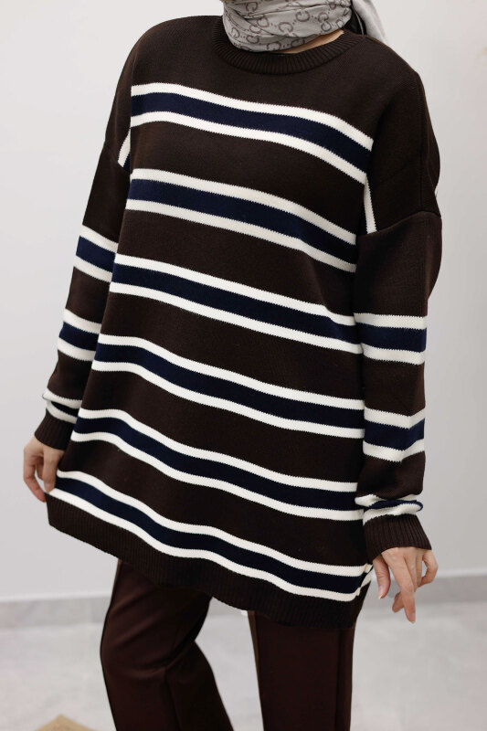 Yatay Çizgi Detaylı Triko Tunik TSD260108 Acı Kahve - 4