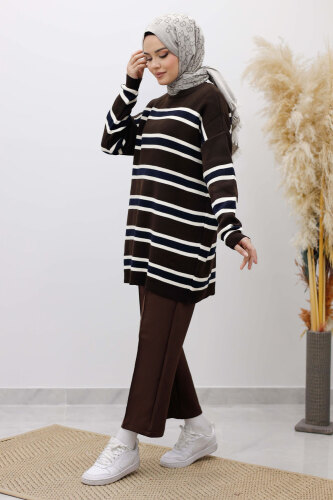 Yatay Çizgi Detaylı Triko Tunik TSD260108 Acı Kahve - 5