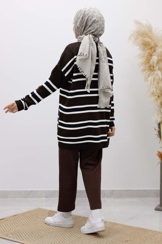 Yatay Çizgi Detaylı Triko Tunik TSD260108 Acı Kahve - 6