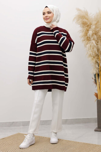 Yatay Çizgi Detaylı Triko Tunik TSD260108 Bordo - Tesettür Dünyası