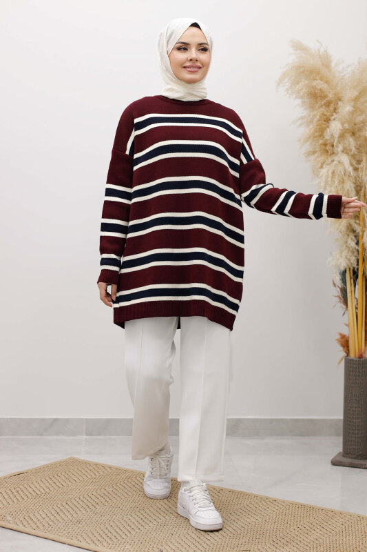 Yatay Çizgi Detaylı Triko Tunik TSD260108 Bordo - 3