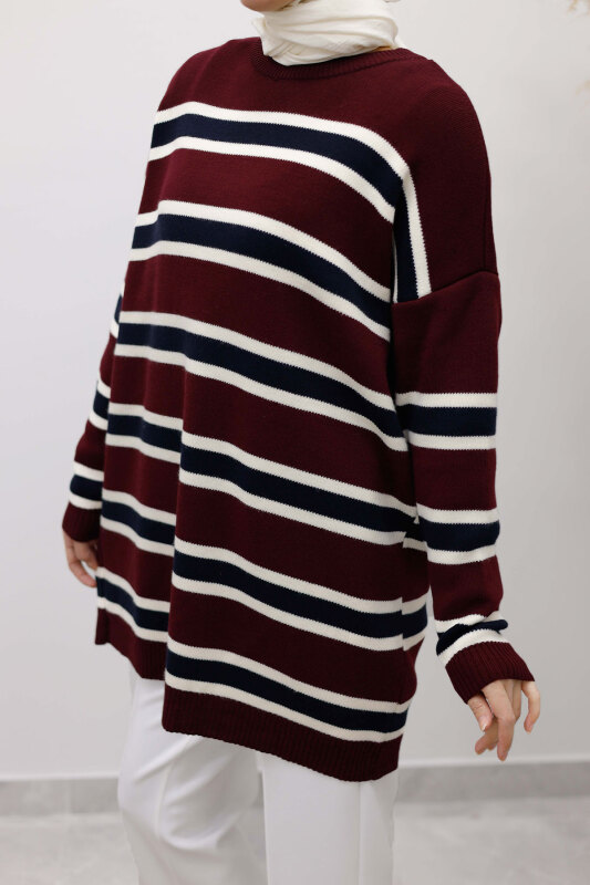 Yatay Çizgi Detaylı Triko Tunik TSD260108 Bordo - 4