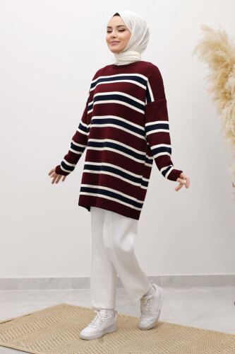 Yatay Çizgi Detaylı Triko Tunik TSD260108 Bordo - 5