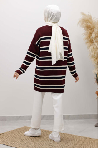 Yatay Çizgi Detaylı Triko Tunik TSD260108 Bordo - 6