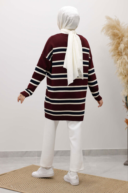 Yatay Çizgi Detaylı Triko Tunik TSD260108 Bordo - 6