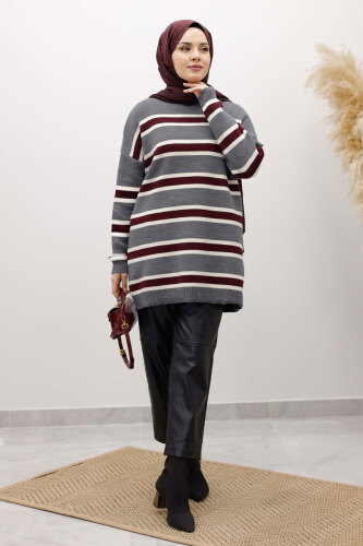 Yatay Çizgi Detaylı Triko Tunik TSD260108 Füme - Tesettür Dünyası