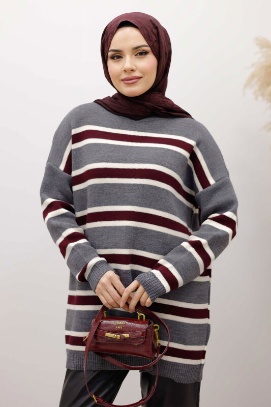 Yatay Çizgi Detaylı Triko Tunik TSD260108 Füme - Tesettür Dünyası (1)