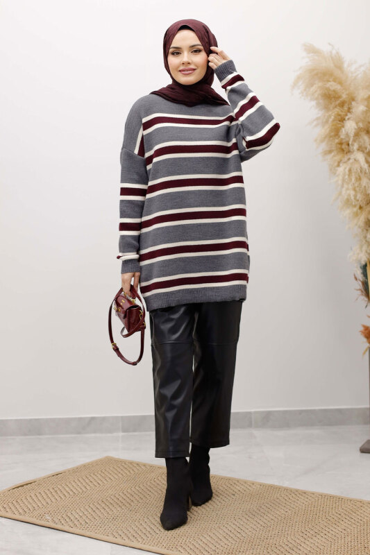 Yatay Çizgi Detaylı Triko Tunik TSD260108 Füme - 3