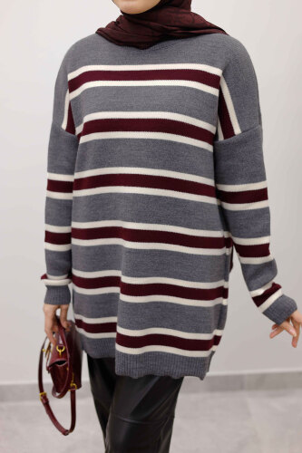 Yatay Çizgi Detaylı Triko Tunik TSD260108 Füme - 4