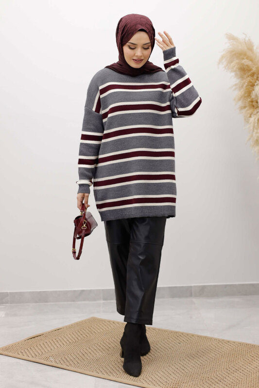 Yatay Çizgi Detaylı Triko Tunik TSD260108 Füme - 5