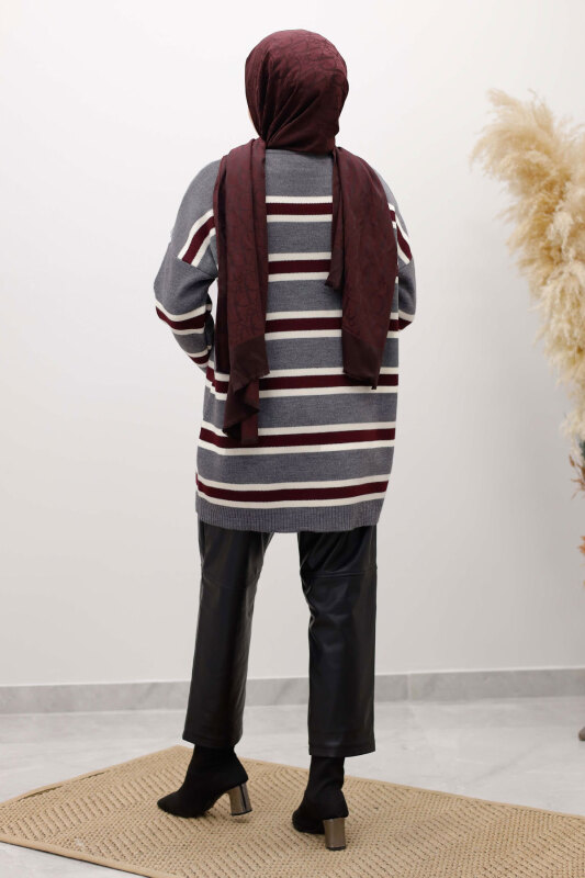 Yatay Çizgi Detaylı Triko Tunik TSD260108 Füme - 6