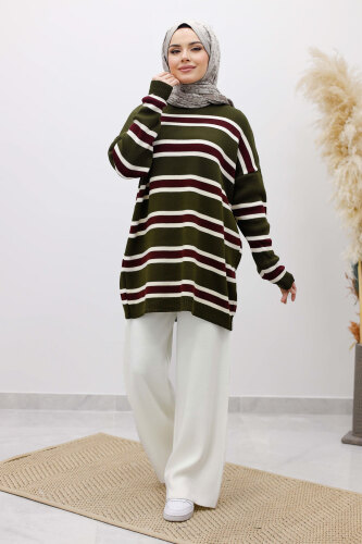 Yatay Çizgi Detaylı Triko Tunik TSD260108 Haki - Tesettür Dünyası