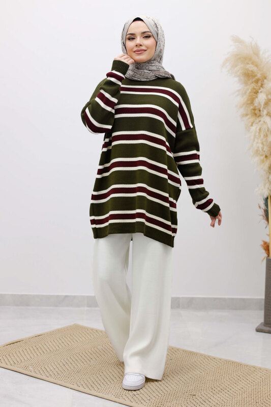 Yatay Çizgi Detaylı Triko Tunik TSD260108 Haki - Tesettür Dünyası