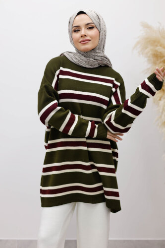 Yatay Çizgi Detaylı Triko Tunik TSD260108 Haki - Tesettür Dünyası (1)