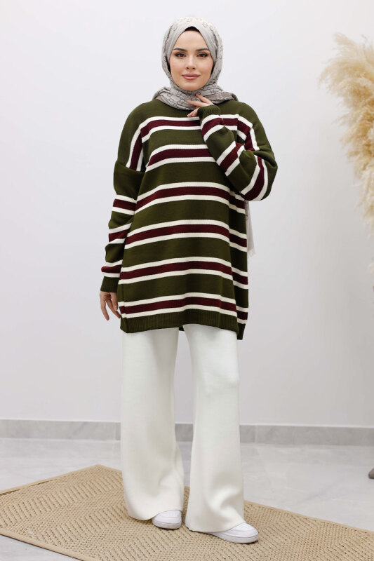 Yatay Çizgi Detaylı Triko Tunik TSD260108 Haki - 3