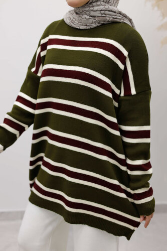 Yatay Çizgi Detaylı Triko Tunik TSD260108 Haki - 4