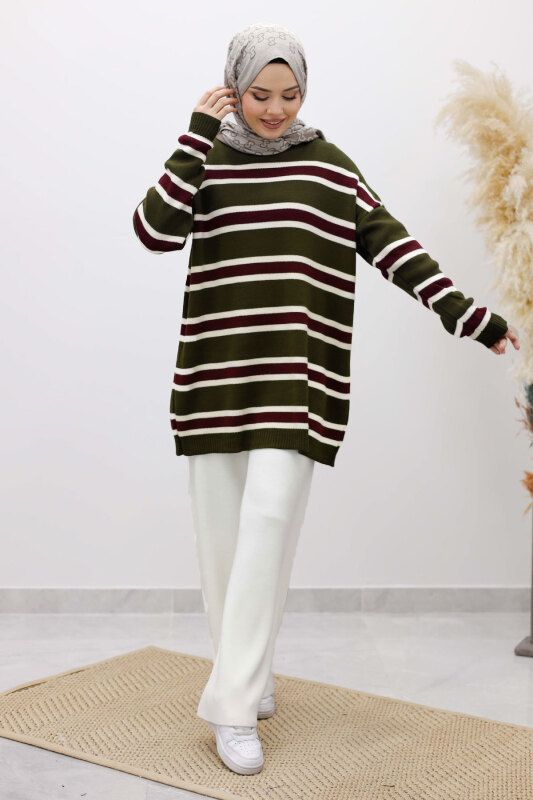 Yatay Çizgi Detaylı Triko Tunik TSD260108 Haki - 5
