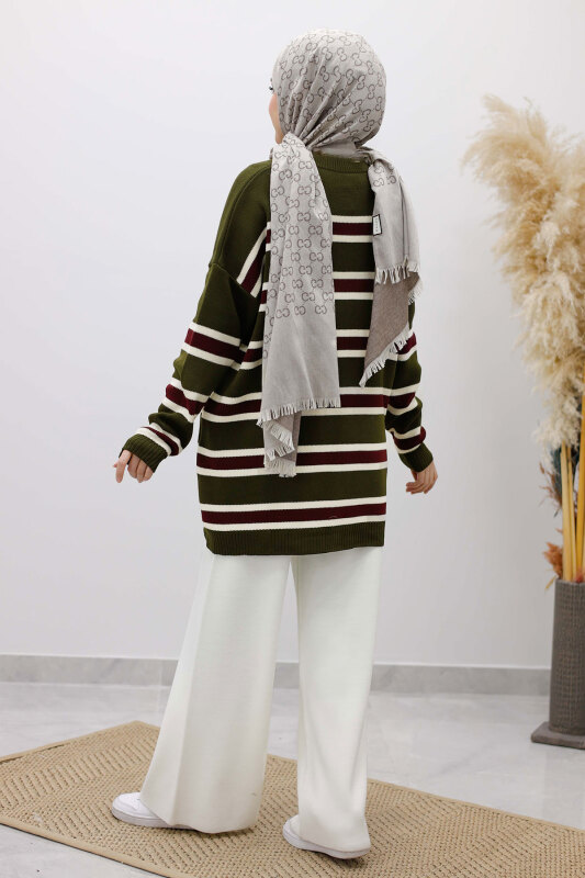 Yatay Çizgi Detaylı Triko Tunik TSD260108 Haki - 6