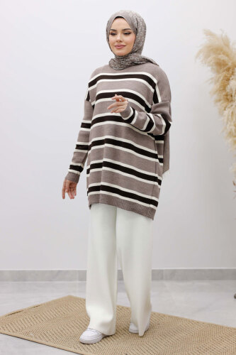 Yatay Çizgi Detaylı Triko Tunik TSD260108 Vizon - Tesettür Dünyası