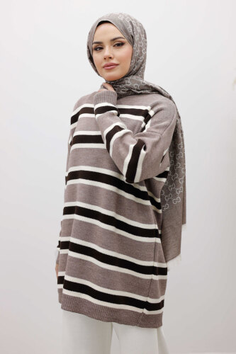 Yatay Çizgi Detaylı Triko Tunik TSD260108 Vizon - Tesettür Dünyası (1)