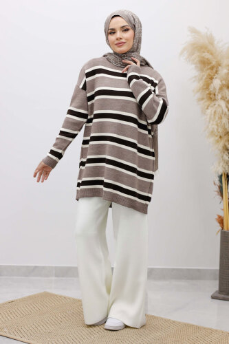 Yatay Çizgi Detaylı Triko Tunik TSD260108 Vizon - 3
