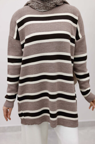 Yatay Çizgi Detaylı Triko Tunik TSD260108 Vizon - 4