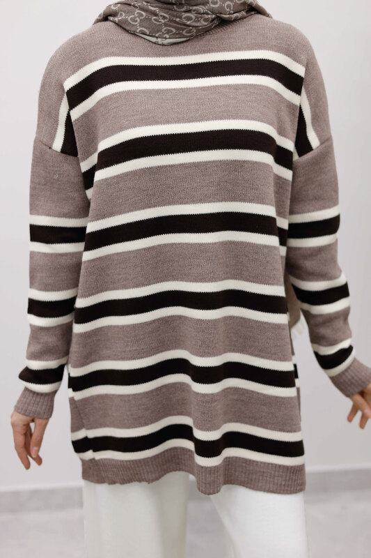 Yatay Çizgi Detaylı Triko Tunik TSD260108 Vizon - 4