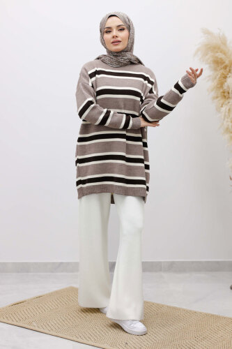 Yatay Çizgi Detaylı Triko Tunik TSD260108 Vizon - 5