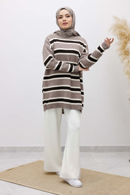 Yatay Çizgi Detaylı Triko Tunik TSD260108 Vizon - 5