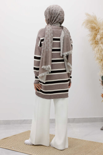 Yatay Çizgi Detaylı Triko Tunik TSD260108 Vizon - 6