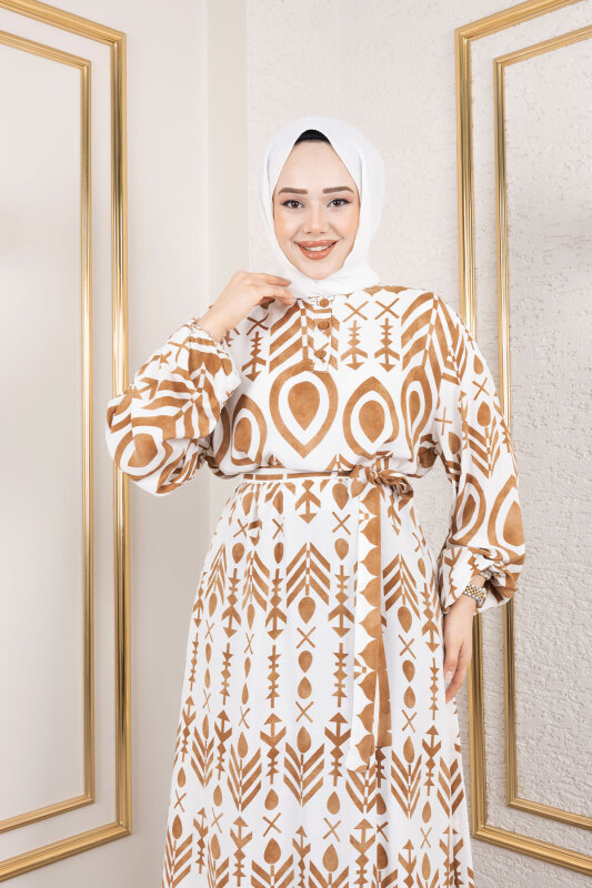 Damla Desenli Viskon Elbise TSD250140 Camel - 2