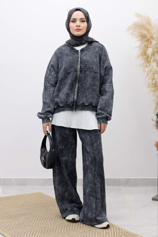 Yıkamalı Şardonlu Eşofman Takım TSD250260 Füme - Tesettür Dünyası