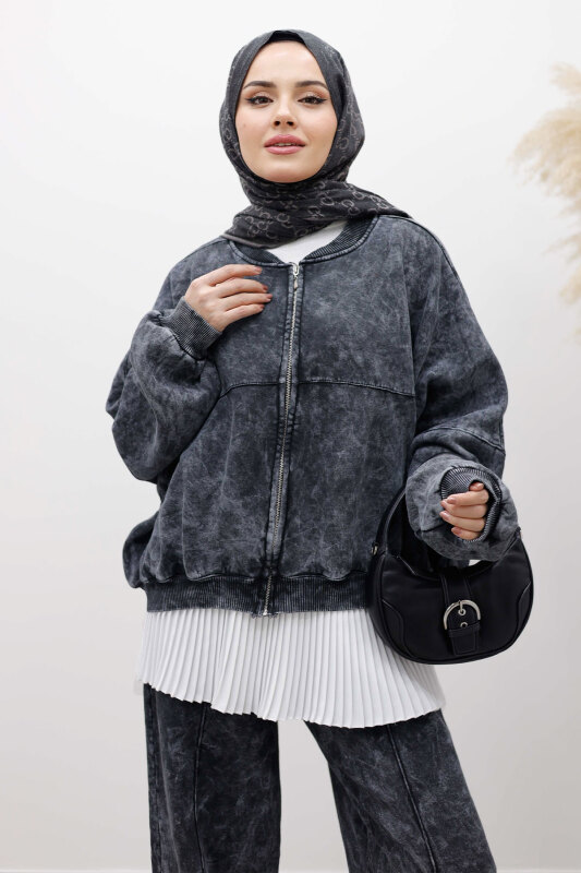 Yıkamalı Şardonlu Eşofman Takım TSD250260 Füme - Tesettür Dünyası (1)