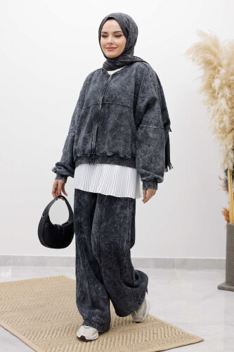 Yıkamalı Şardonlu Eşofman Takım TSD250260 Füme - 3