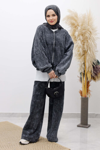 Yıkamalı Şardonlu Eşofman Takım TSD250260 Füme - 4