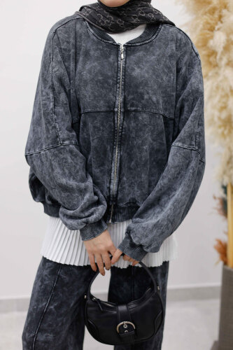 Yıkamalı Şardonlu Eşofman Takım TSD250260 Füme - 5