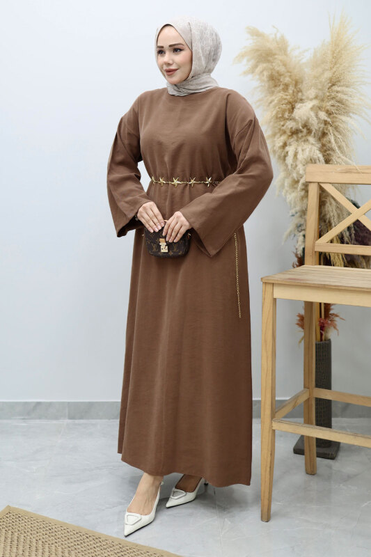 Yıldız Kemerli Elbise TSD260139 Kahverengi - Tesettür Dünyası