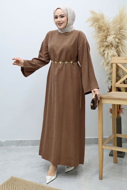 Yıldız Kemerli Elbise TSD260139 Kahverengi - 5